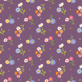 Seamless Pattern of Flower Design on Deep Purple Background