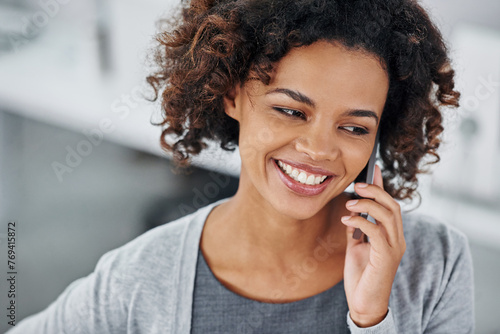 Woman, happy and smartphone for phone call with conversation, communication and mobile in office. Closeup, female person and smile or satisfied with work break for positive discussion and connection