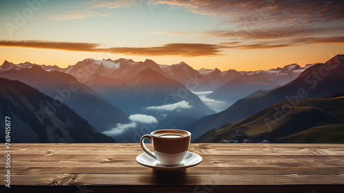 Morning cup of coffee with mountain background coffee landscape