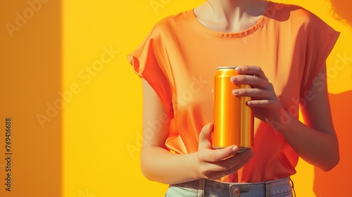 Close-up of a orange can in the hands of a girl on a yellow background