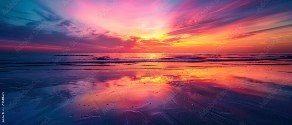 A coastal sunset with the colors of the sky reflecting off the water, forming a splendid gradient of colors on the horizon, captured in high-definition to showcase its mesmerizing vibrancy.