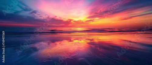 A coastal sunset with the colors of the sky reflecting off the water, forming a splendid gradient of colors on the horizon, captured in high-definition to showcase its mesmerizing vibrancy. © M-T