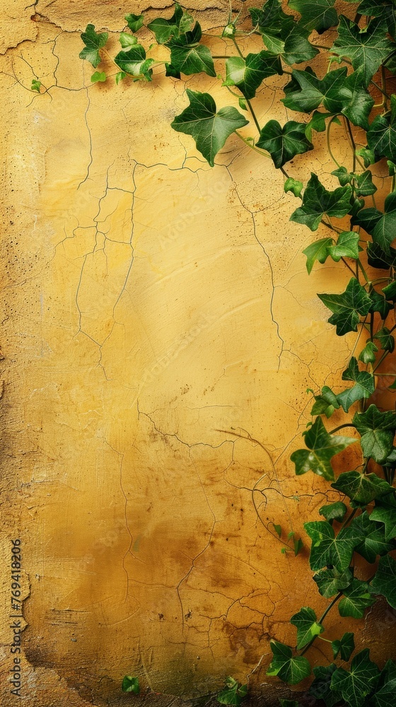 Green ivy vines snaking up a gold-painted wall, creating a romantic and vintage backdrop, background, wallpaper, copy space