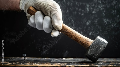 nail is being hammered by a man wearing white gloves on a black desk. hammer, shiny and scrached.