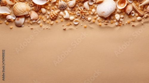 Seashell Decorations on a Beach Sand Background. Negative Space. Generative AI