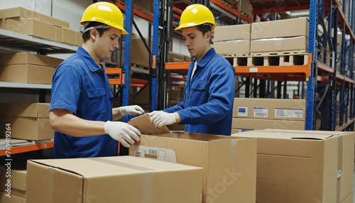 Employees working in a warehouse, logistics center or factory packing cartons colorful background
