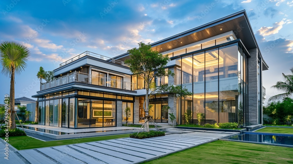 A Modern House With A Walkway In The Garden. A Modern House With A Walkway In The Garden.