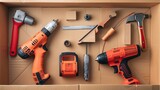 A cardboard box containing a jigsaw, an electric drill, and an angle grinder for use in construction. Fast delivery and online shopping are concepts.