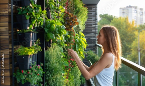 Vertical home garden of spicy herbs and fresh greenery on the balcony. A young woman takes care of plants on the balcony of a city apartment. Mini garden on the balcony. photo