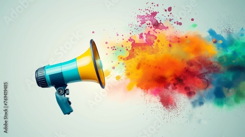 A Person Holding Megaphone And Colorful Splashes Out Of It. The Power Of Words In Marketing Promotion Concept. © PhornpimonNutiprapun