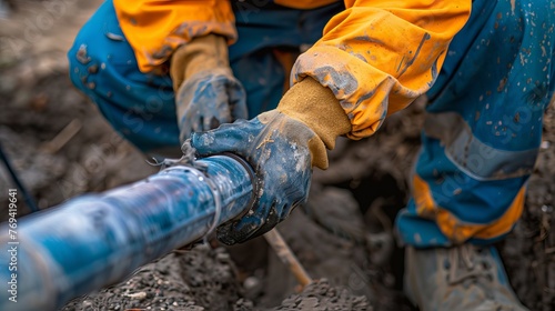 Close-up of plumbers on a construction site choosing a sewage pipe.