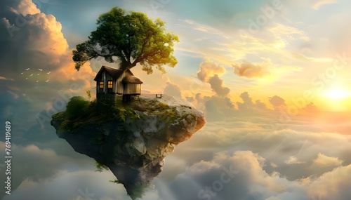Tree house on rock flying in fantasy sky