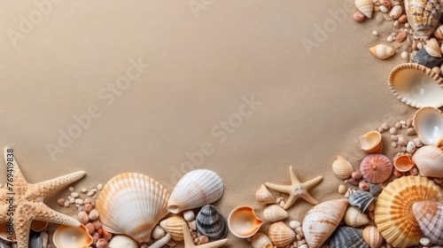 Seashell Decorations on a Beach Sand Background. Negative Space. Generative AI © wellyans