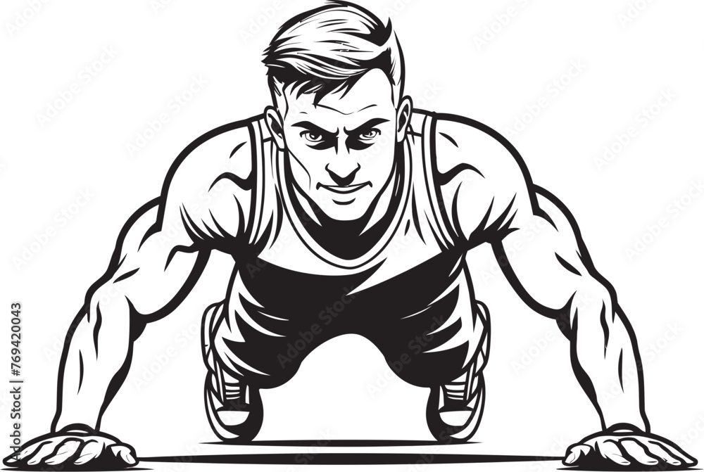 Fototapeta premium Powerful Push Ups Sportive Males Fitness Regimen Black Emblem Icon Dynamic Endurance Young Mans Push Up Training Black Vector Logo