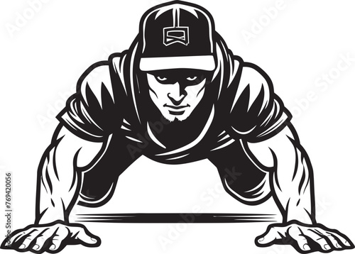 Strength Strides Male Athletes Push Up Dedication Black Emblem Icon Dynamic Training Youthful Push Up Persistence Black Vector Logo Design