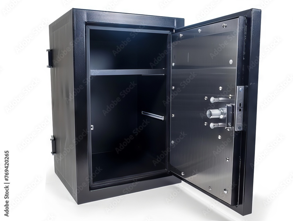 Black bank safe with open steel door Black bank safe with open steel door