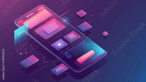 A 3D Isometric Illustration Of A Smartphone With A Futuristic User Interface. 