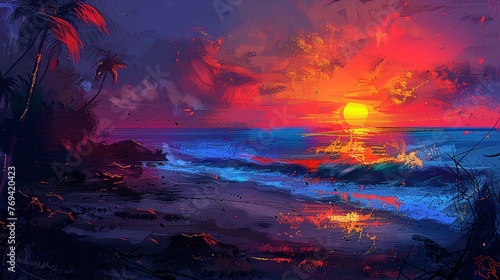 Sunset at the Beach A Painted Painting of a Sunset at the Beach Generative AI © Riya