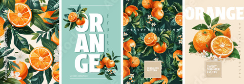 Hand drawn set of designs and patterns. Vectorized gouache illustrations. Illustrations of orange fruits with flowers and leaves for poster, prints, menu, card or textile