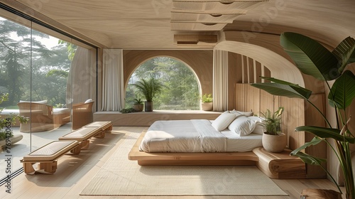 Modern Bedroom Interior with Forest View