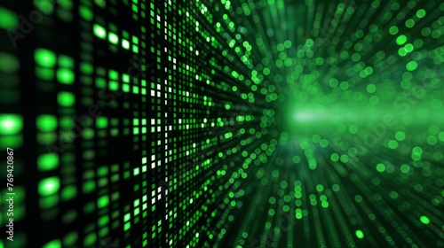 A digital abstract backdrop with a green pixel grid symbolizing high-tech and data. A green and black backdrop filled with numerous dots, background, wallpaper