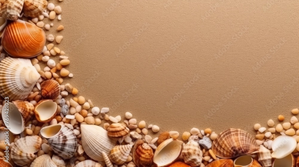 Obraz premium Seashell Decorations on a Beach Sand Background. Negative Space. Generative AI