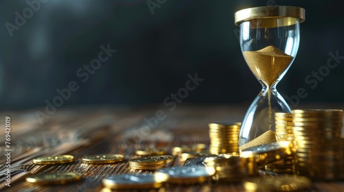 Golden coins and hourglass clock, Investment, Deposit, Growth of income and savings money concept.