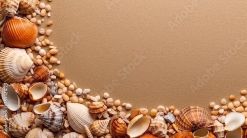 Seashell Decorations on a Beach Sand Background. Negative Space. Generative AI