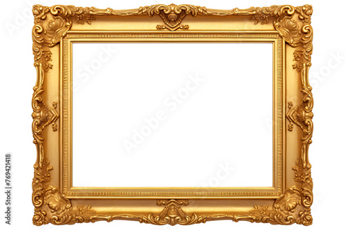 Golden wooden frame isolated on transparent background, Patterned and Vintage picture frame PNG format, old wide ornamental baroque picture frame