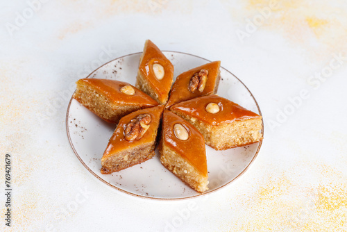 Traditional Azerbaijan sweet paxlava or bakhlava with walnuts. photo