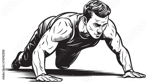 Muscular Young Man Exercising with Push Ups Black Emblem Active Male Demonstrating Push Up Technique Black Icon