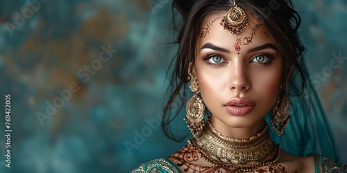 A stunning Indian woman with mehndi tattoos, adorned in traditional attire and kundan jewelry. photo