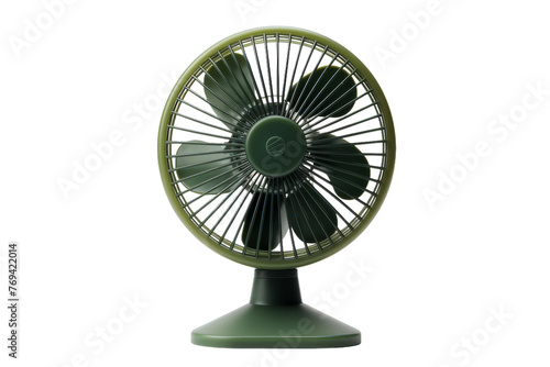 Whispering Breeze: A Green Table Fan. On a White or Clear Surface PNG Transparent Background.