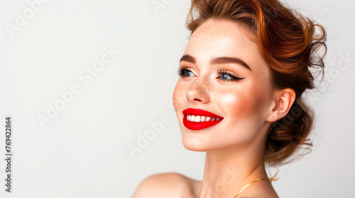 Young woman with old hollywood style makeup on white background