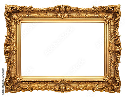 Golden wooden frame isolated on transparent background, Patterned and Vintage picture frame PNG format, old wide ornamental baroque picture frame