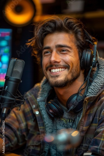 Young Hispanic male recording a podcast in a studio setting