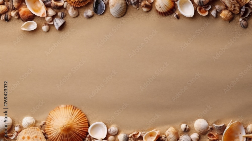 Obraz premium Seashell Decorations on a Beach Sand Background. Negative Space. Generative AI