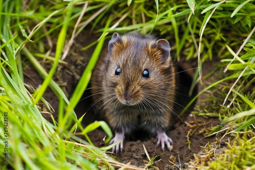 vole at the edge of a burrow in tall grass photo