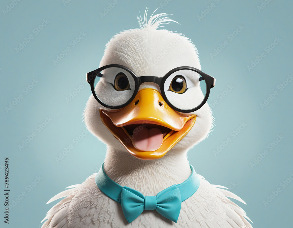 a smiling duck with round glasses isolated on a transparent background colorful background