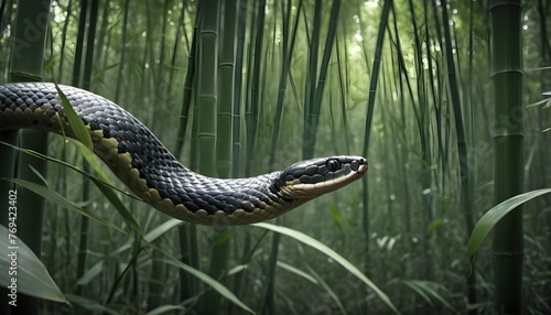 A Cobra Slithering Through A Dense Bamboo Forest photo