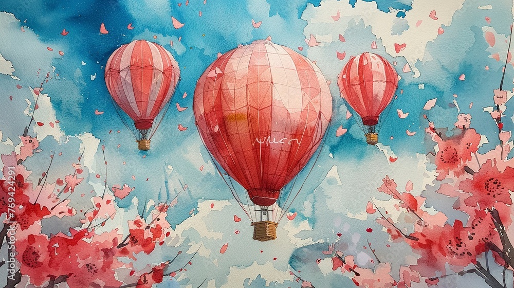 Watercolor hot air balloons, spring sky