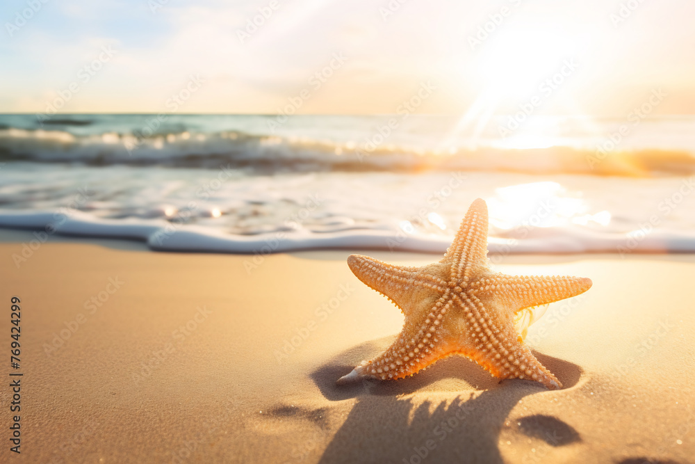 Golden Sunrise at the Beach with a Lone Starfish on the Shore, Symbolizing Hope and Renewal, Serene Seaside Morning