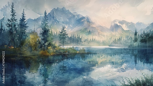 Watercolor mountain spring, serene view