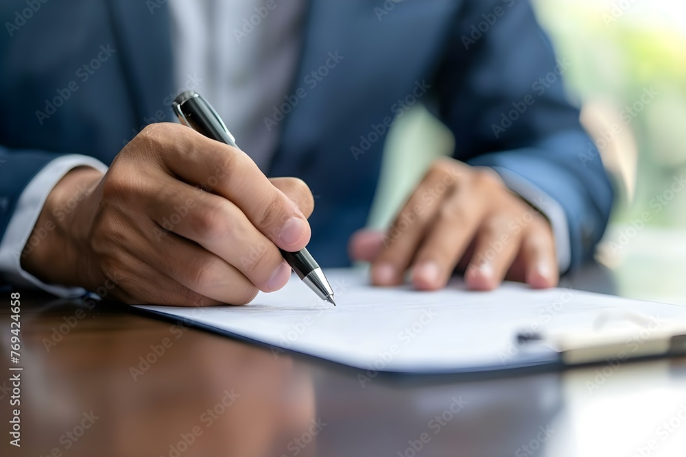 Businessman signing contract during corporate meeting to finalize business deal or legal decision. Concept Business meeting, Corporate deal, Contract signing, Legal decision, Businessman - obrazy, fototapety, plakaty 