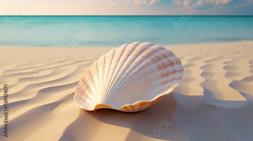 Small conch shells on the beach, blurred beach and bokeh background