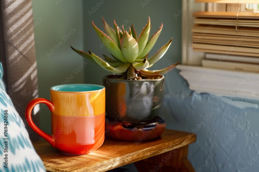brightly colored cup, succulent plant on bedside shelf