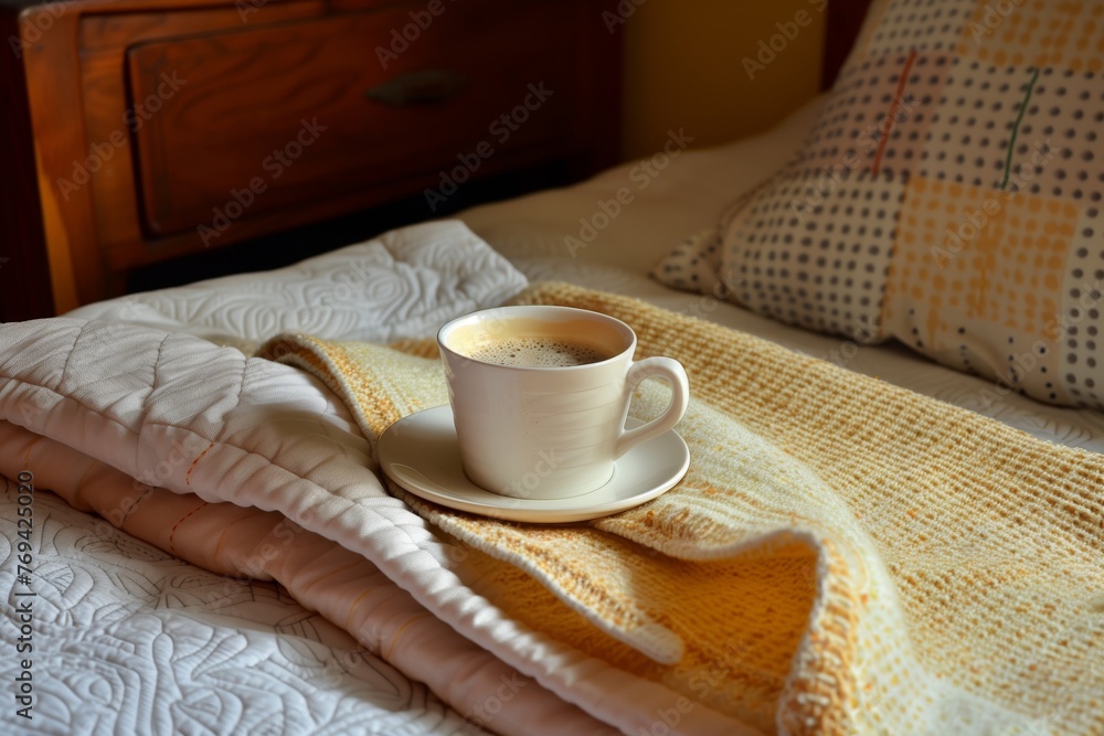 morning coffee beside a folded blanket at bed end morning coffee beside a folded blanket at bed end