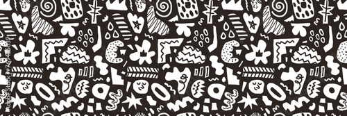 Abstract black seamless pattern hand drawn various shapes, curls, forms and doodle objects. Modern vector background © Vetriya