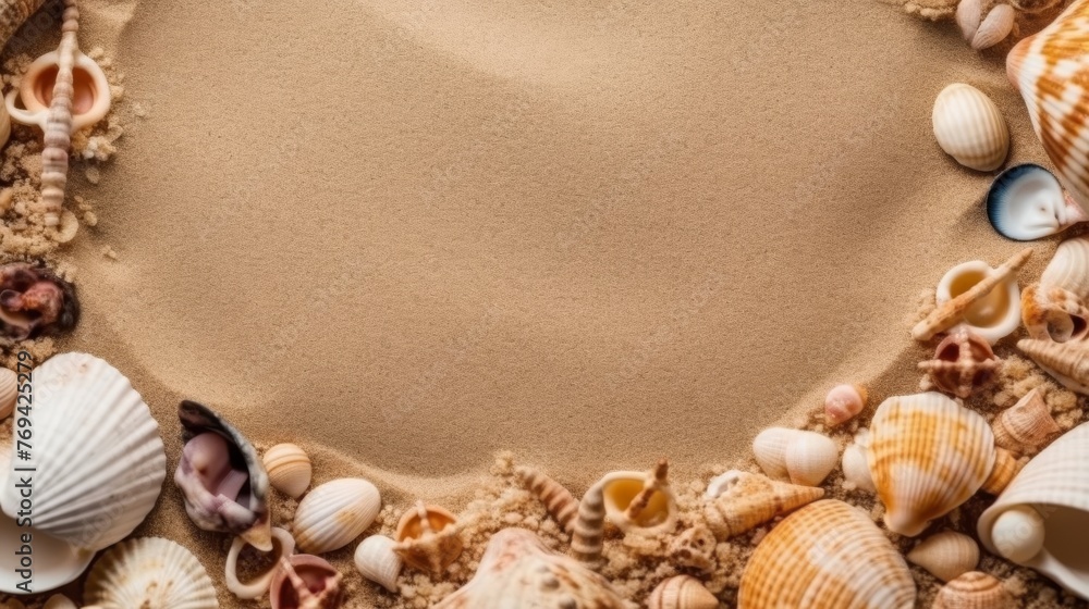 Obraz premium Seashell Decorations on a Beach Sand Background. Negative Space. Generative AI