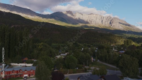 El Bolson Town Cerro Piltriquitron In The Andes Mountains Of Argentina. - aerial shot photo